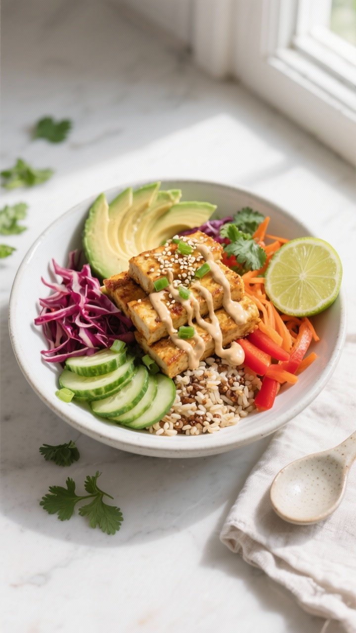 Final dish overhead: Tempeh & Veggie Protein Buddha Bowl arranged on a wide matte-white bowl over a 