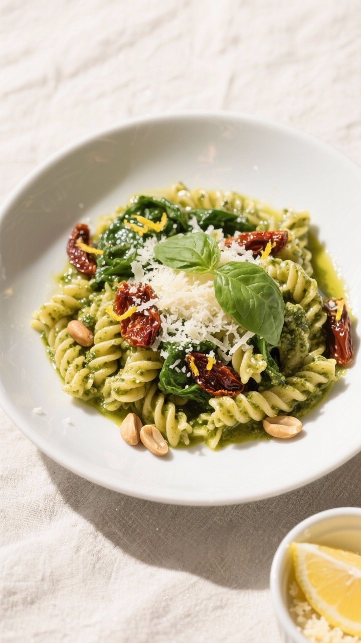 Final dish, overhead top view: Beautifully plated pesto pasta with sun-dried tomatoes on a wide whit
