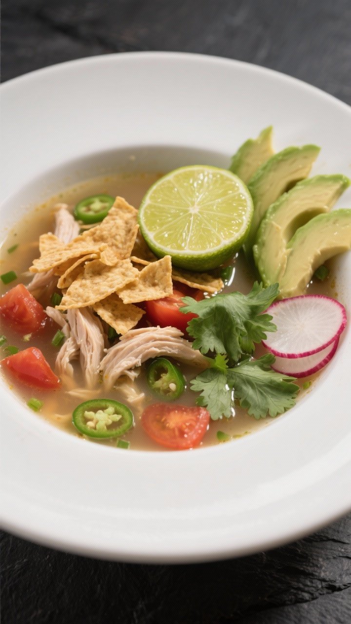 Final dish, plated beauty: A restaurant-quality bowl of Mexican Chicken Lime Soup, crystal-clear bro
