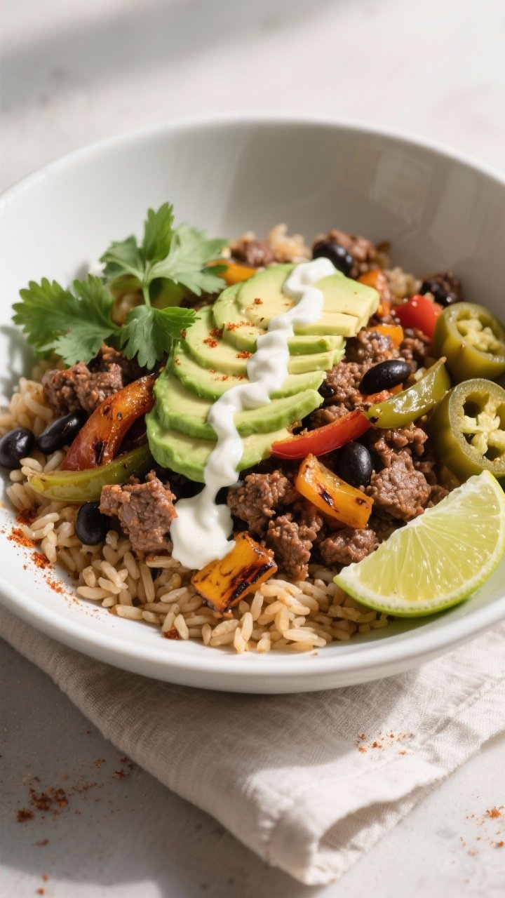 Final dish, plated beauty shot: Healthy Ground Beef Fajita Bowl artfully composed in a matte white s
