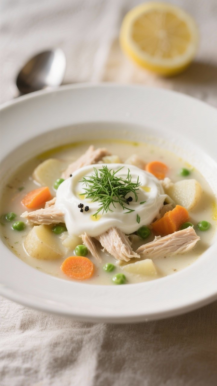 Final dish, plated bowl: A generous bowl of creamy chicken soup served in a matte white wide-rim bow
