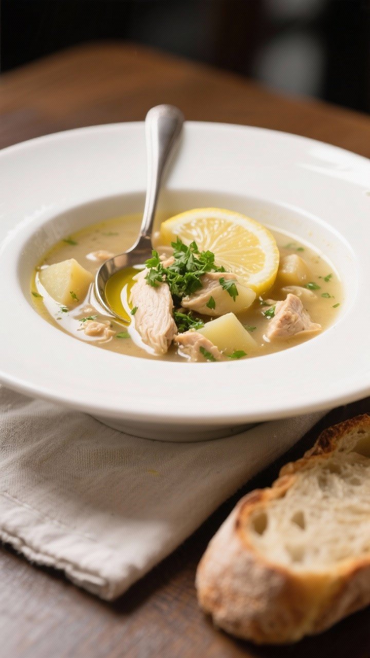 Final dish — plated comfort: Beautifully plated Rustic Chicken and Potato Soup ladled into a wide 