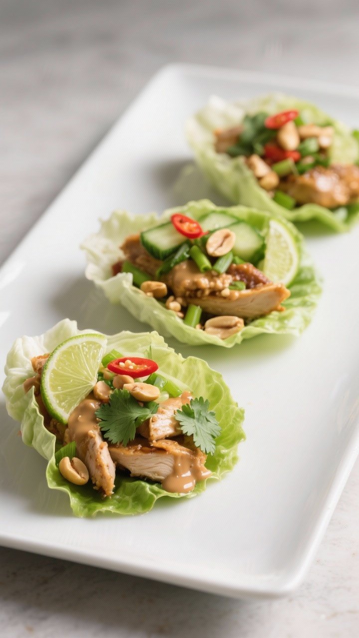 Final dish — Plated lettuce wraps: Beauty plate of three assembled Thai Peanut Chicken Lettuce Wra