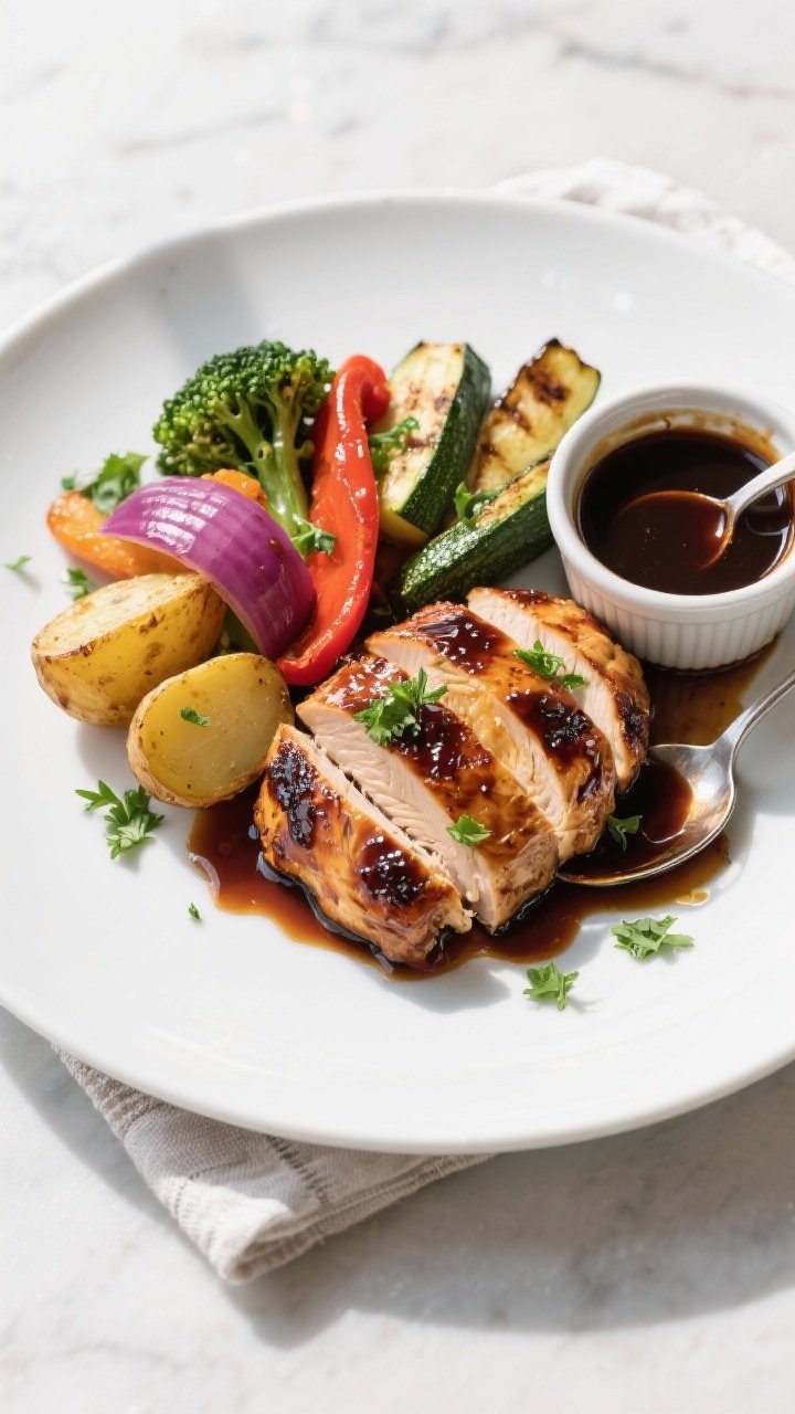 Final dish presentation: Beautifully plated balsamic chicken and roasted vegetables arranged on a wi