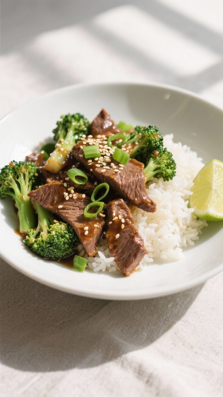 Final dish presentation: Beautifully plated Beef and Broccoli Stir-Fry over fluffy jasmine rice in a