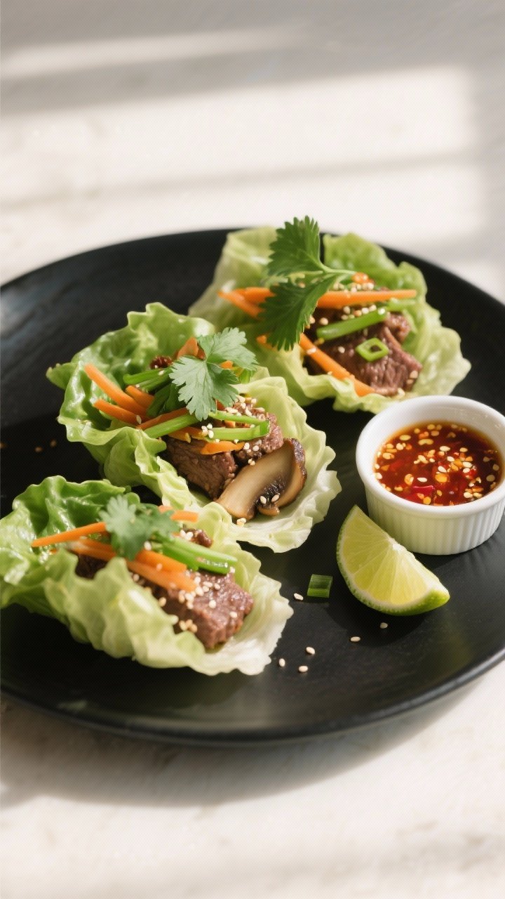Final dish presentation: Beautifully plated beef and mushroom lettuce wraps assembled in sturdy butt