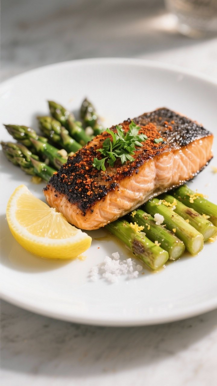 Final dish presentation: Beautifully plated Blackened Salmon with Garlic Asparagus on a matte white 