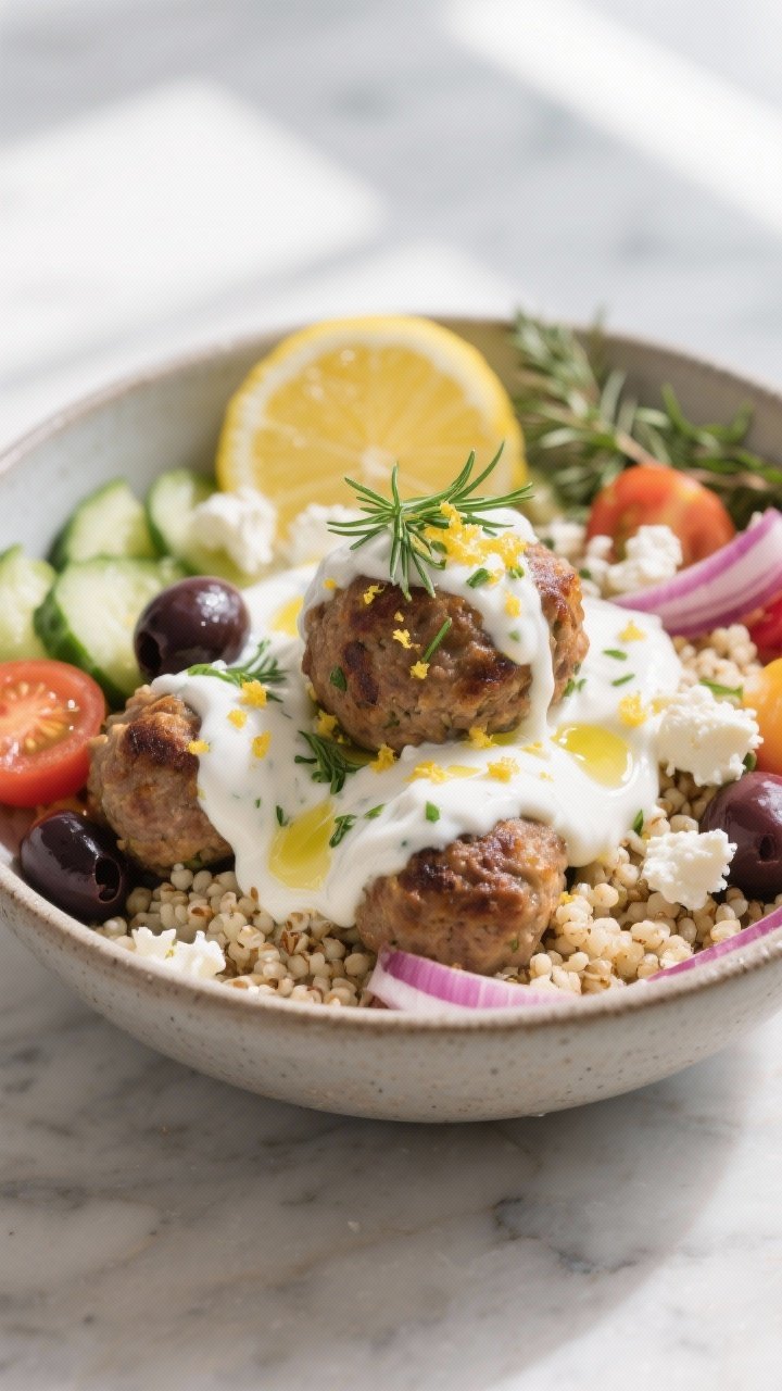 Final dish presentation: Beautifully plated Greek Turkey Meatball Bowl, hero shot at a 45-degree ang