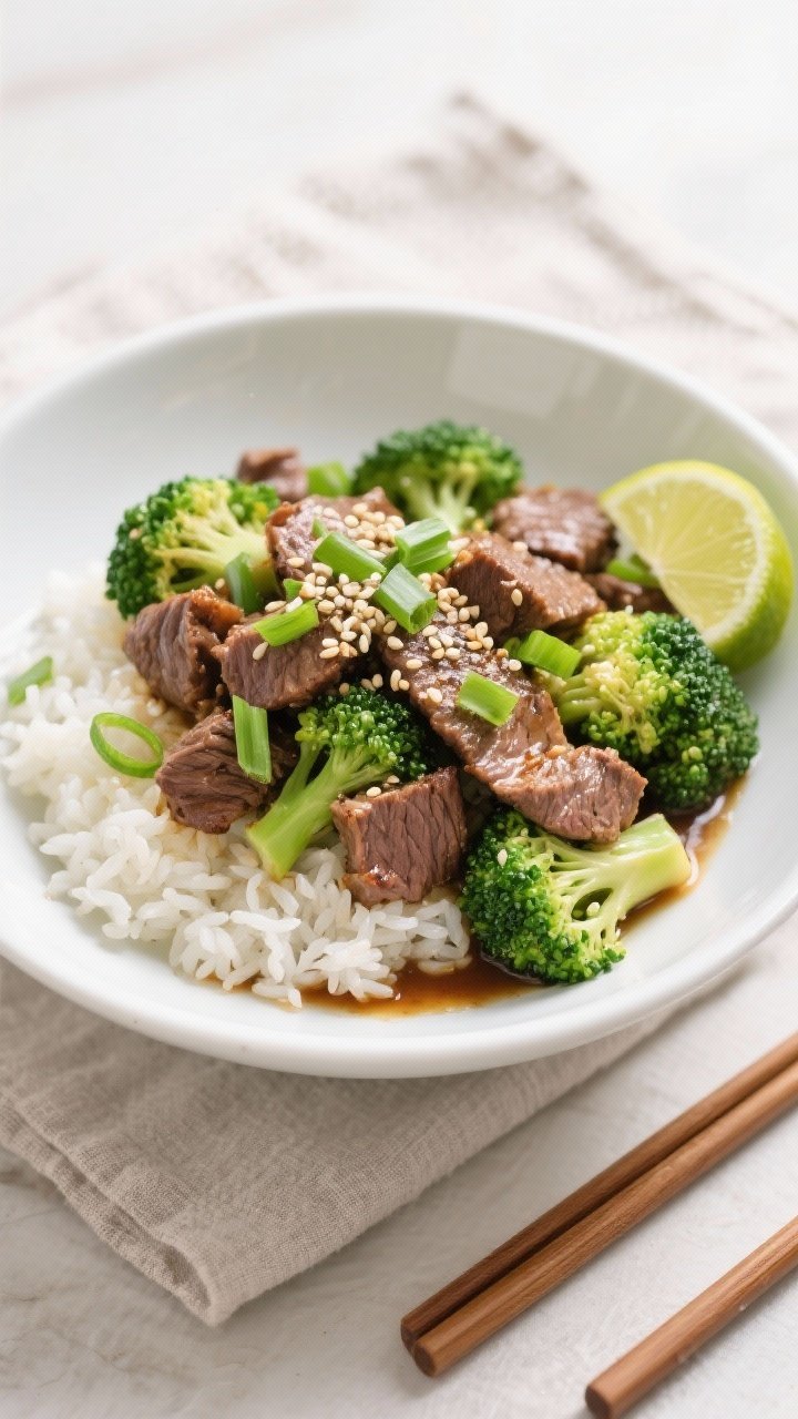 Final dish presentation: Beautifully plated Healthy Beef and Broccoli Bowl over fluffy jasmine rice