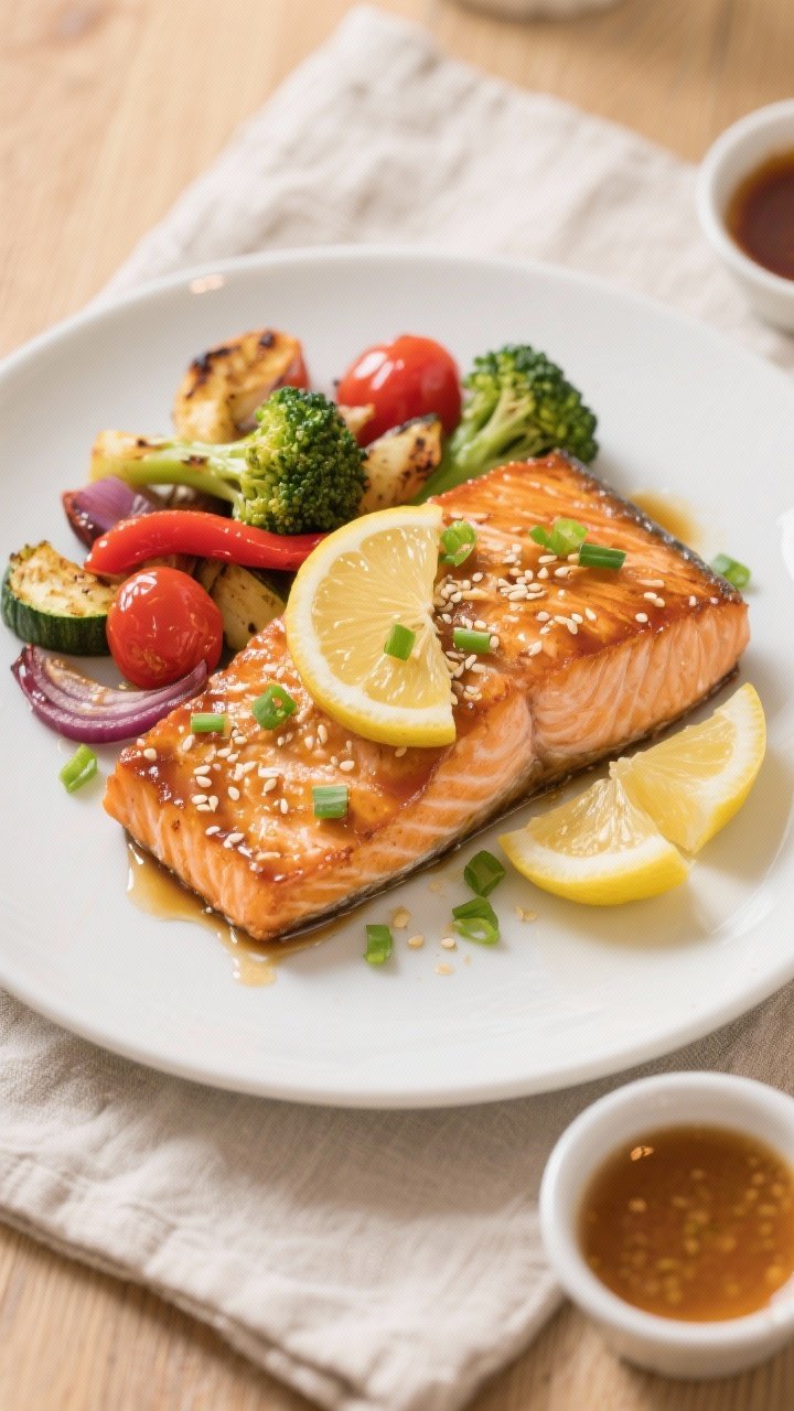 Final dish presentation: Beautifully plated honey garlic salmon with roasted veggies on a matte whit