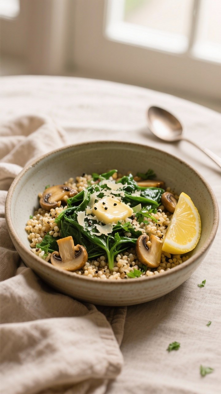 Final dish presentation: Beautifully plated Spinach Mushroom Quinoa Skillet in a shallow ceramic bow