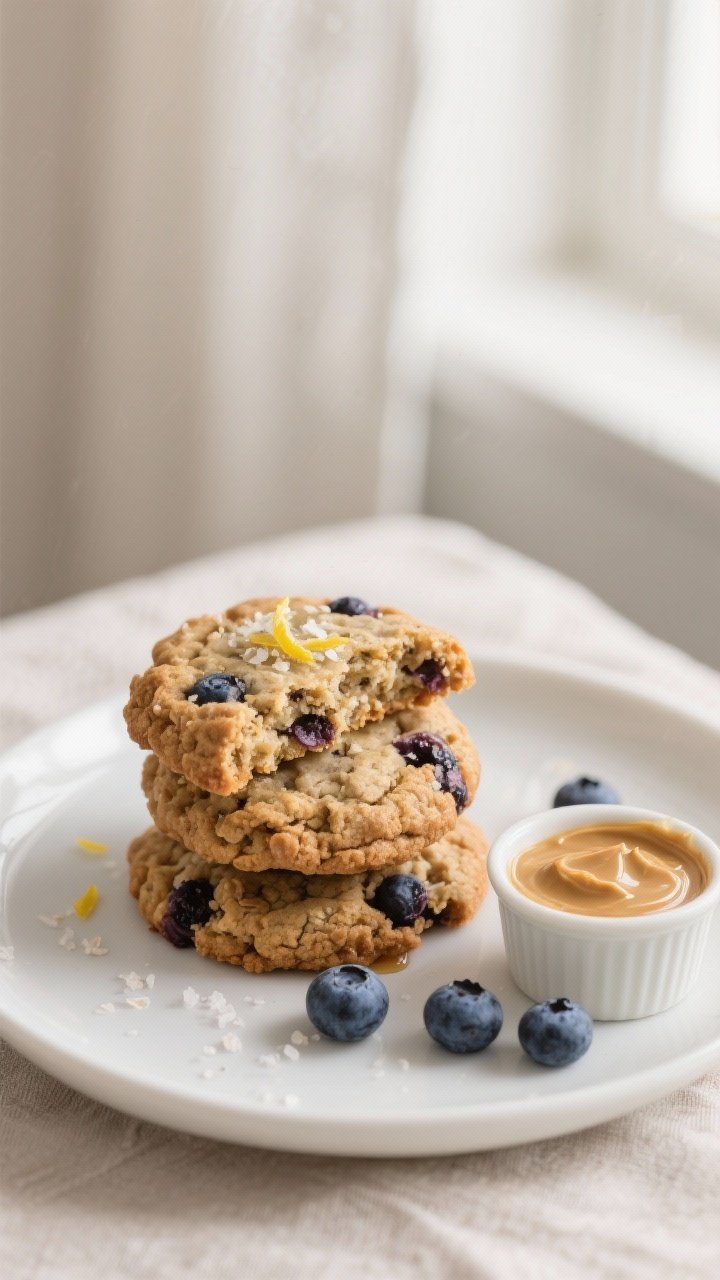 Final dish presentation: Beautifully plated stack of blueberry oatmeal breakfast cookies on a matte 