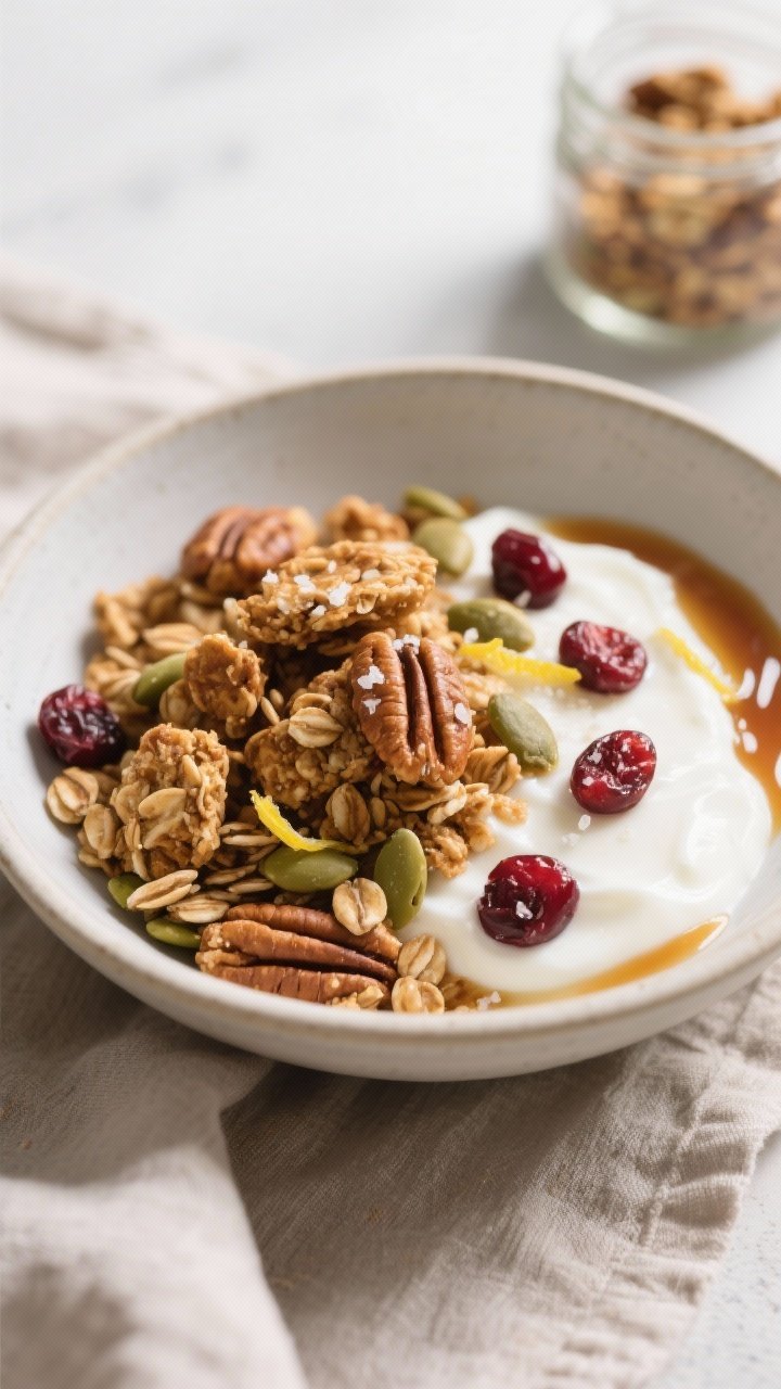 Final dish presentation: Beautifully styled bowl of Crispy Maple Pecan Granola Clusters served over 