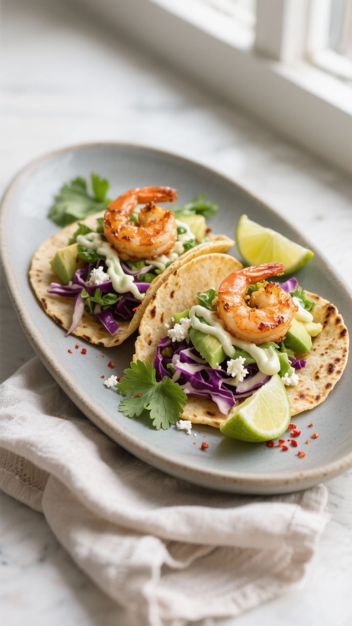 Final dish presentation: Honey Lime Shrimp Tacos plated on a matte ceramic oval, two tacos per plate