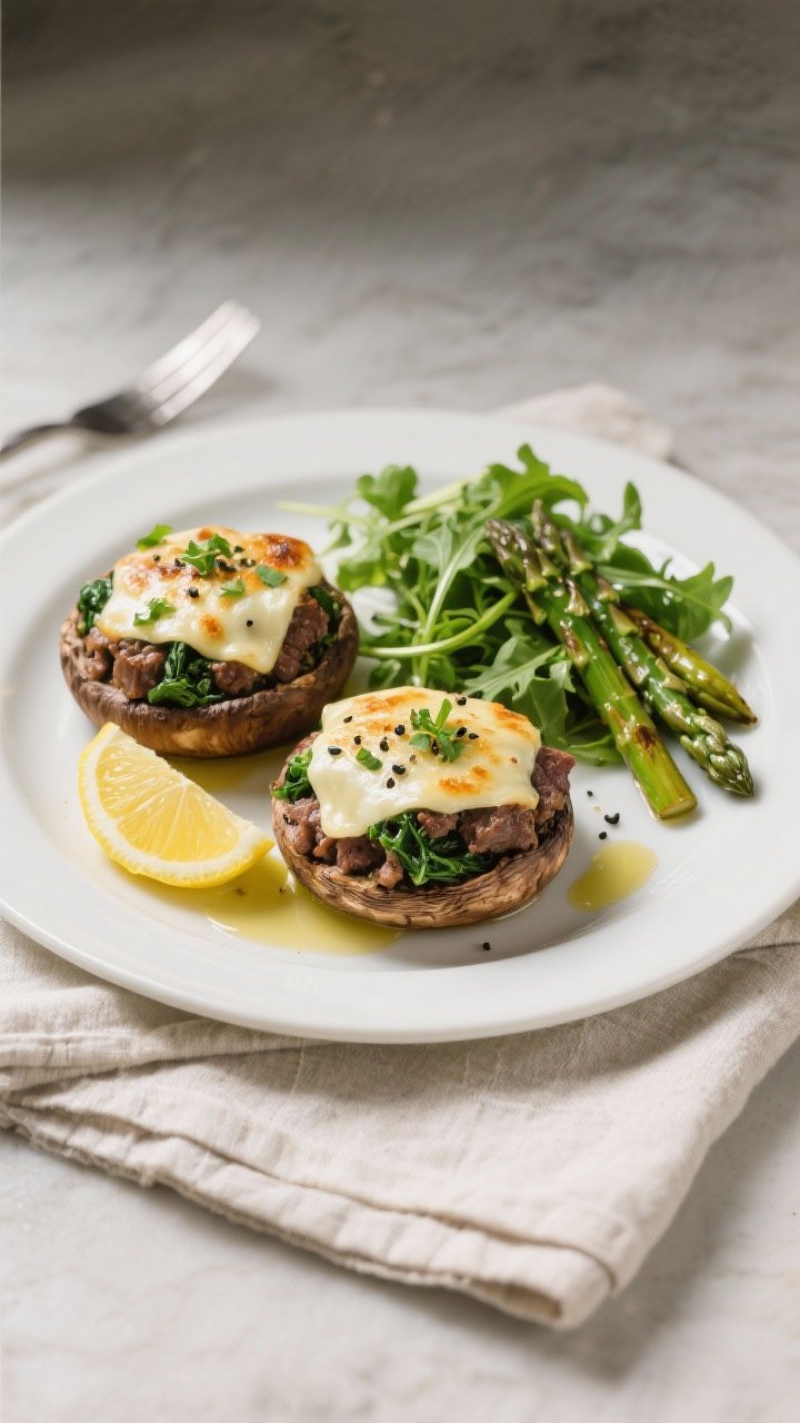 Final dish presentation: Overhead hero shot of two beef and spinach stuffed portobellos plated on a