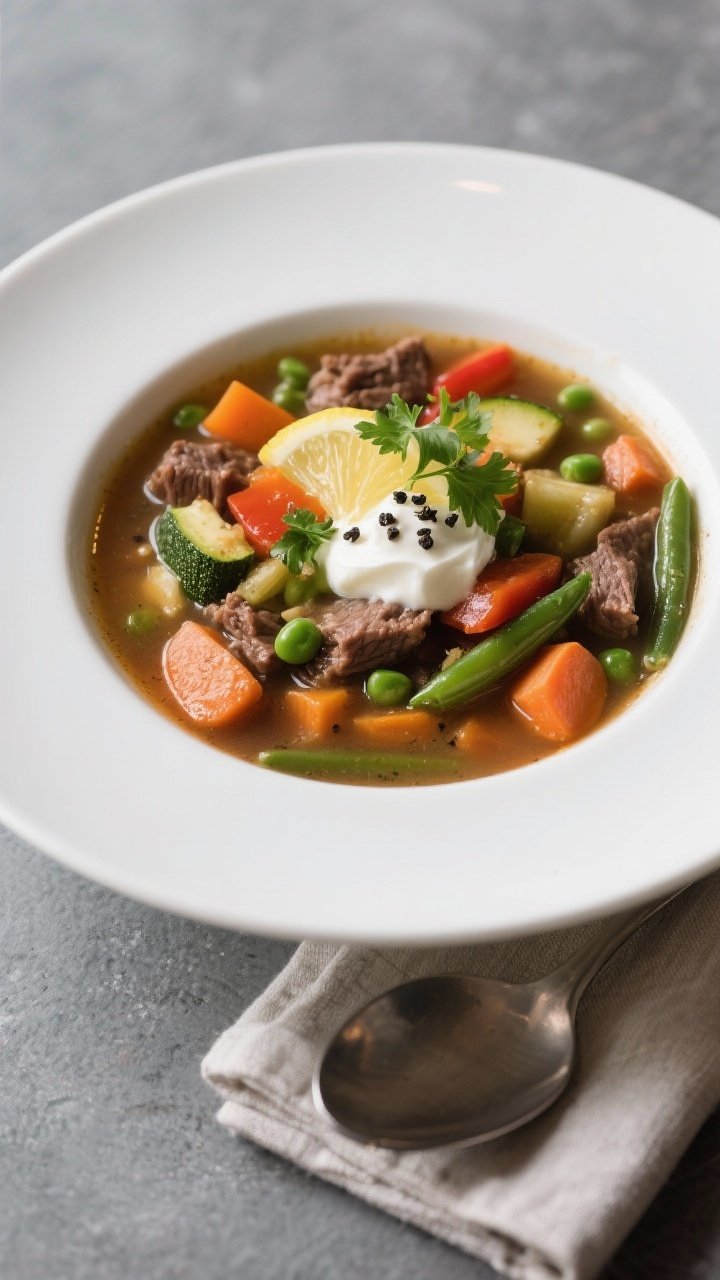 Final dish presentation: Restaurant-quality bowl of Lean Beef Vegetable Soup served in a wide white