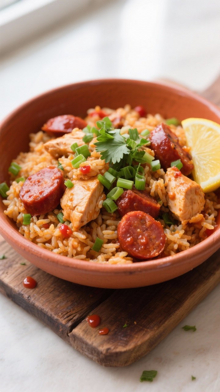 Final dish presentation: Restaurant-quality bowl of Cajun Chicken Sausage Jambalaya, rice tender and