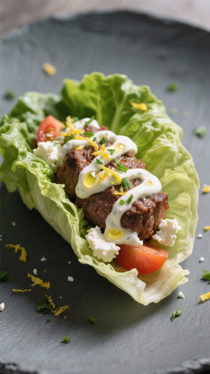 Final dish presentation: Restaurant-quality close-up of a single loaded lettuce wrap on a slate-gray