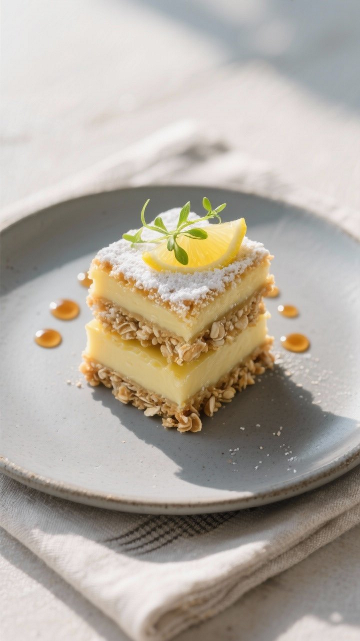 Final dish presentation: Restaurant-quality plate with two stacked lemon bar squares showing crisp a