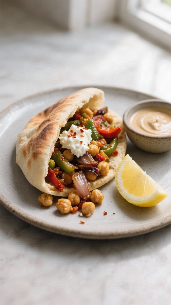 Final dish presentation: Restaurant-quality plate of warm pita stuffed with the roasted veggie and c