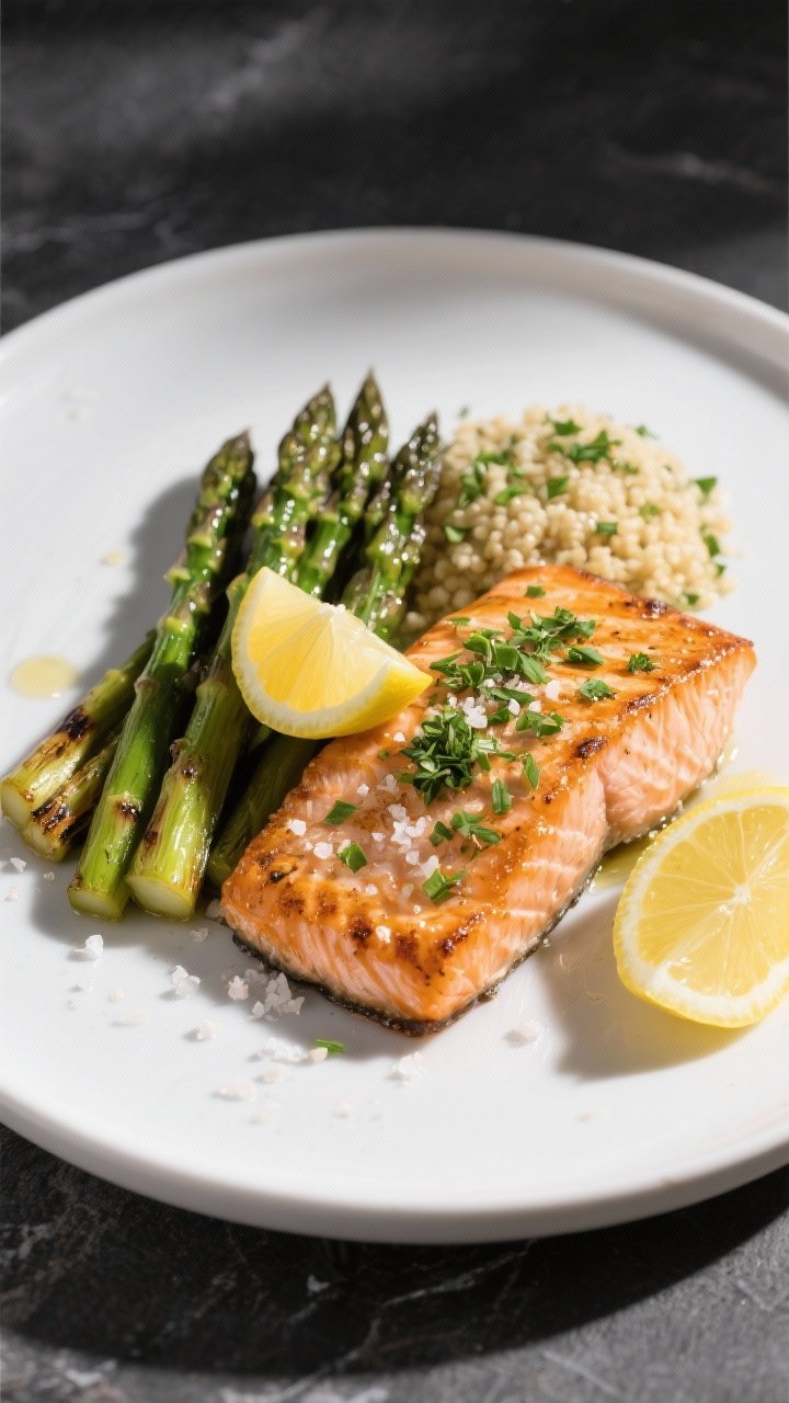 Final dish presentation: Restaurant-quality plated Lemon Herb Grilled Salmon on a matte white plate,