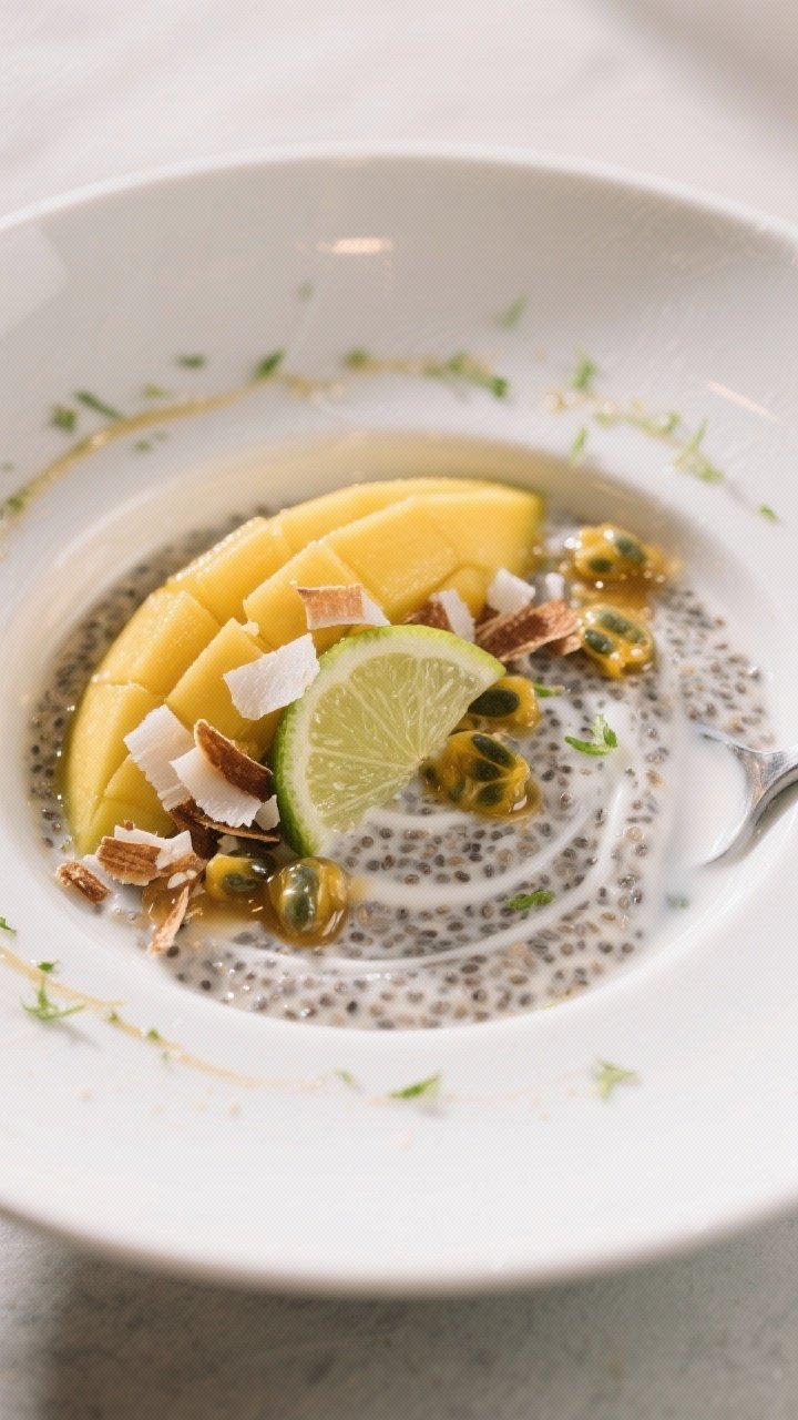 Final dish presentation: Restaurant-quality plated coconut chia seed pudding in a shallow white bowl