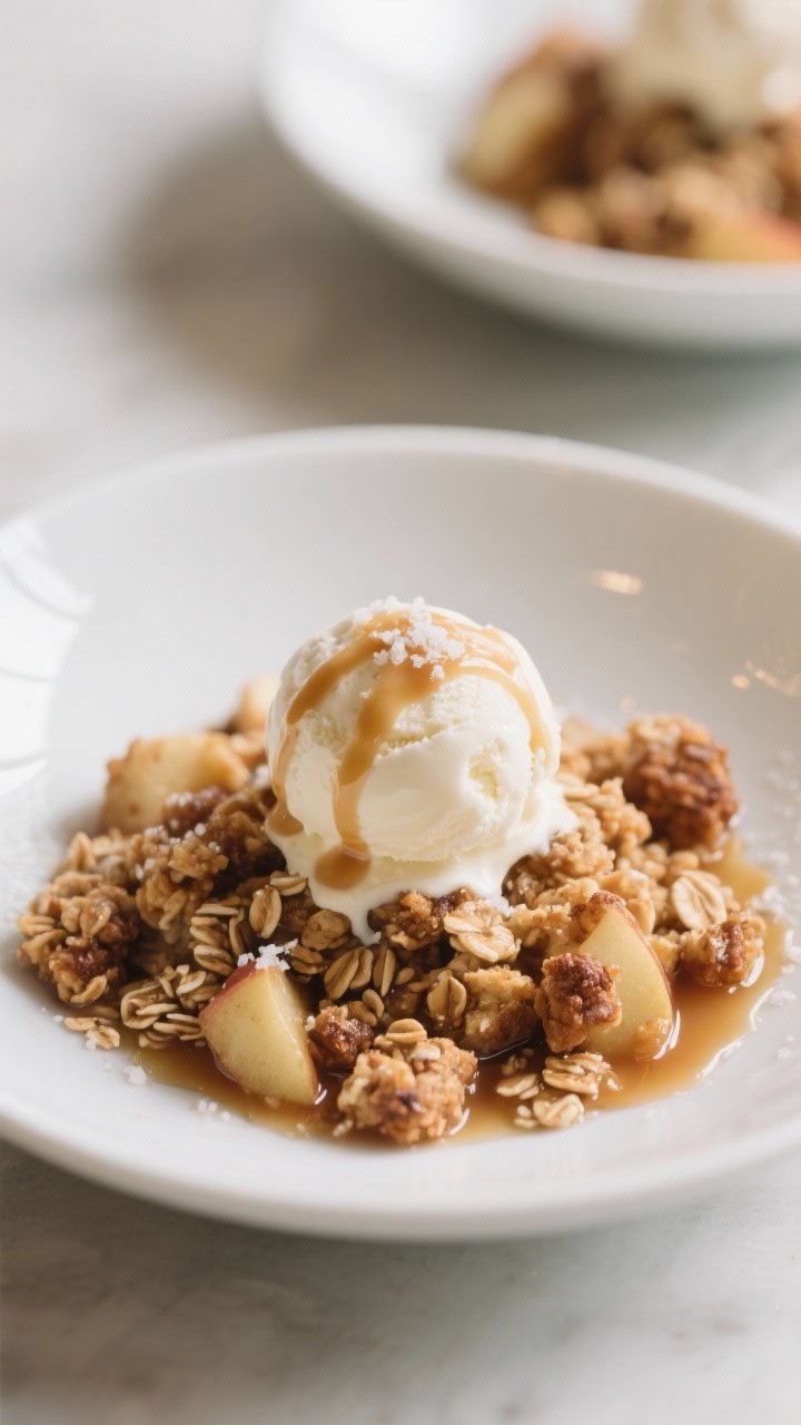 Final dish presentation: Restaurant-quality plated serving of Cinnamon Oat Crunch Apple Crisp in a s