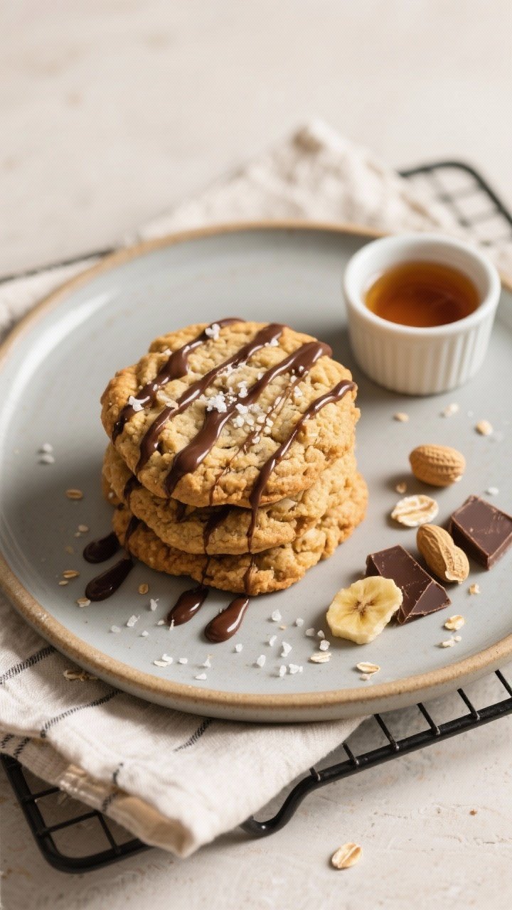 Final dish presentation: Restaurant-quality plated stack of Peanut Butter Banana Oat Cookies on a ma
