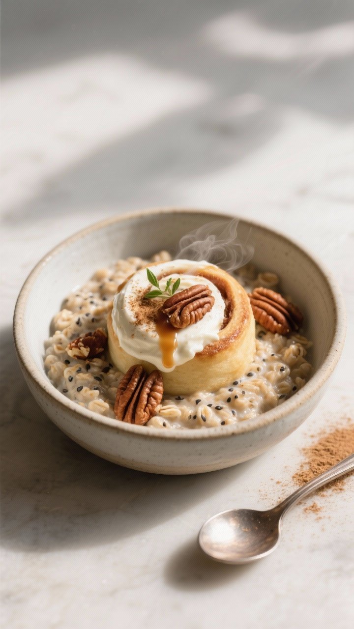 Final dish presentation: Restaurant-quality plated serving of cinnamon roll overnight oats scooped i