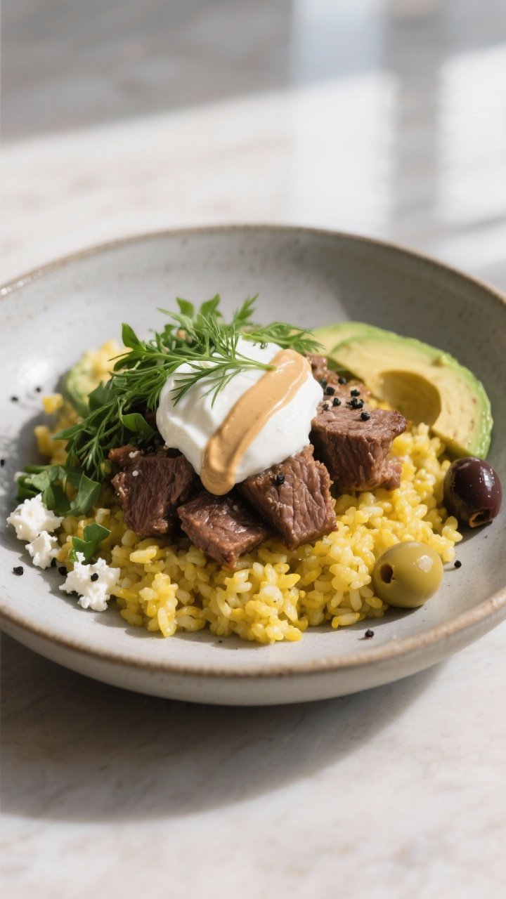 Final dish presentation: Restaurant-quality plated bowl with turmeric-tinted cauliflower rice base (