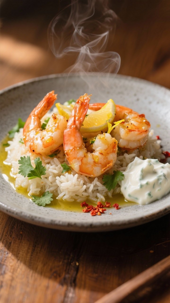 Final dish presentation: Restaurant-quality plated shrimp bowl, three-quarter angle close-up showing