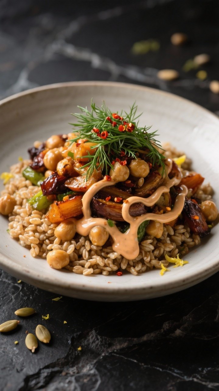 Final dish presentation: Restaurant-quality plated bowl on a dark stone surface—farro base warmed 