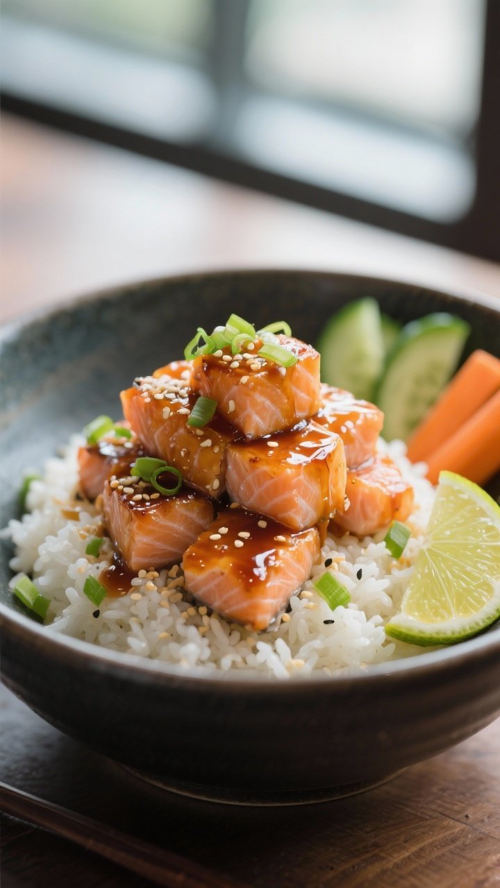 Final dish presentation: Restaurant-quality plated salmon bowl hero shot at a 45-degree angle — sa