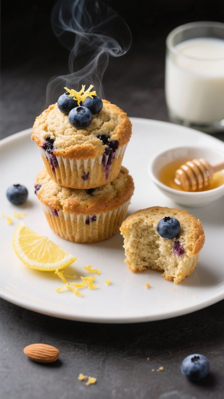 Final dish presentation: Restaurant-quality plated scene with three almond flour blueberry muffins s