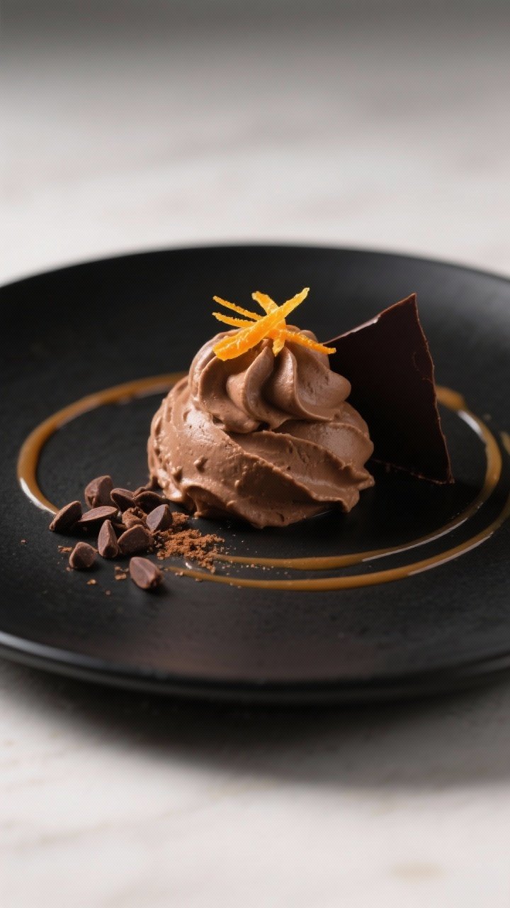 Final dish presentation: Restaurant-quality plated “Orange Silk” variation—avocado chocolate m