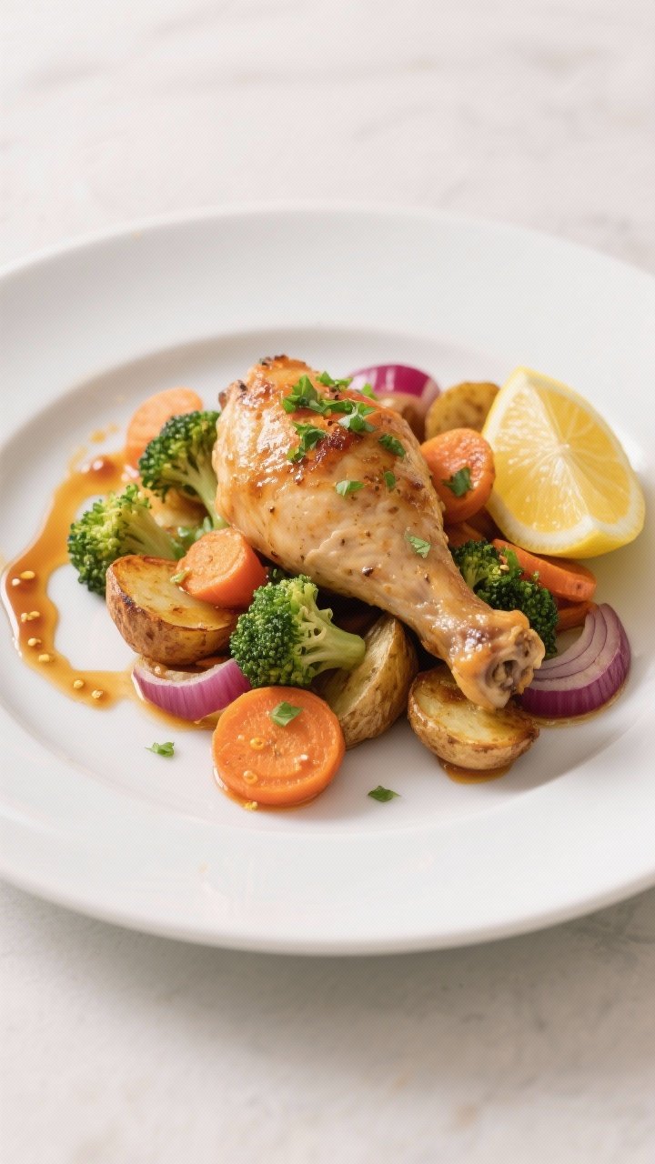 Final dish presentation: Restaurant-quality plating of One-Pan Chicken and Veggies on a wide white p