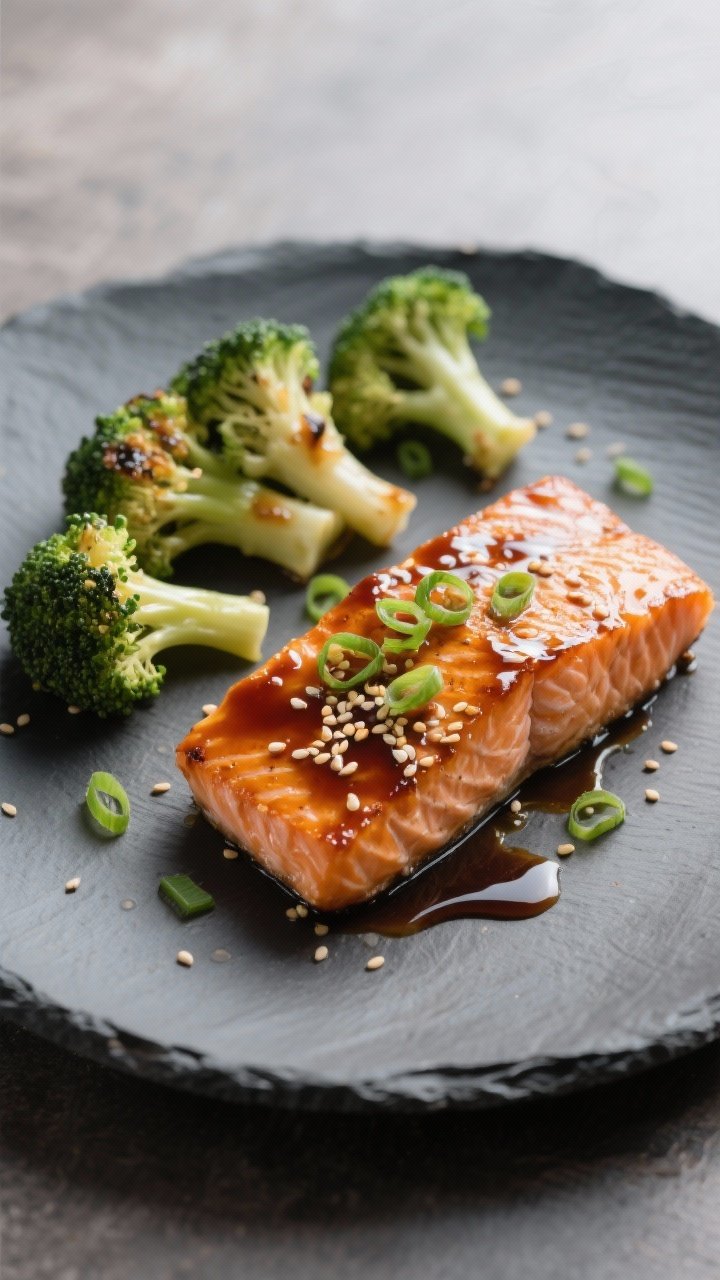 Final dish presentation: Restaurant-style plating of two salmon fillets brushed to a mirror shine wi