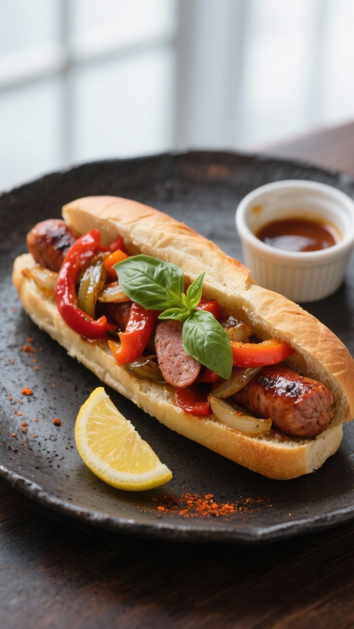 Final dish presentation: Sausage and peppers stuffed into lightly toasted crusty rolls for a hearty