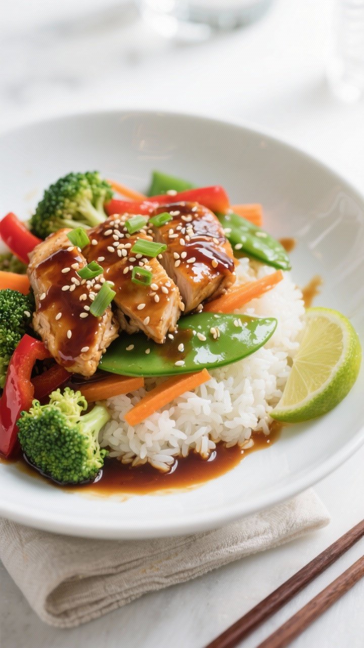 Final dish presentation: Teriyaki Chicken and Veggie Rice Bowl plated restaurant-style in a wide whi