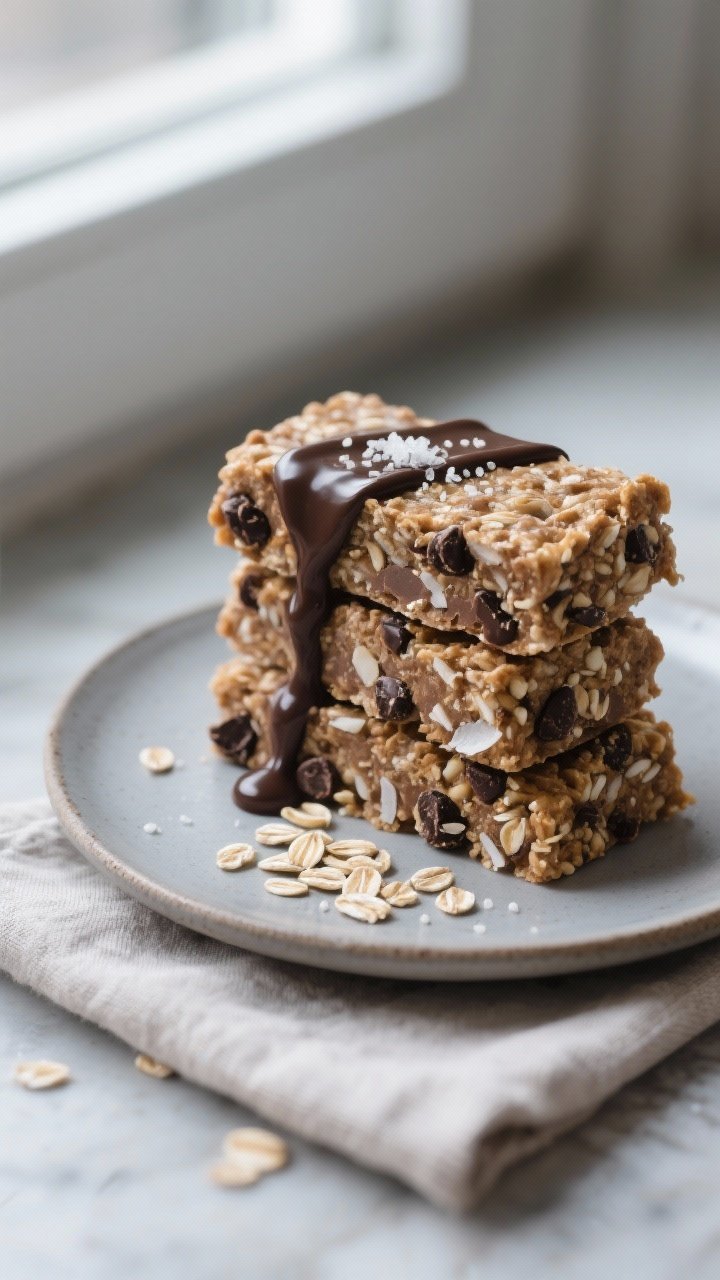 Final dish presentation: Three no-bake, chilled oatmeal chocolate chip energy bars stacked on a matt