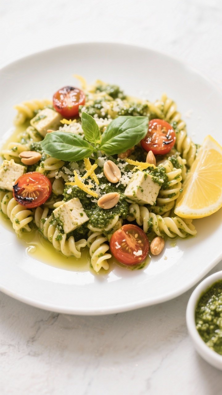 Final dish, tasty : Overhead shot of Tofu Pesto Protein Pasta (fusilli) tossed glossy with vibrant b