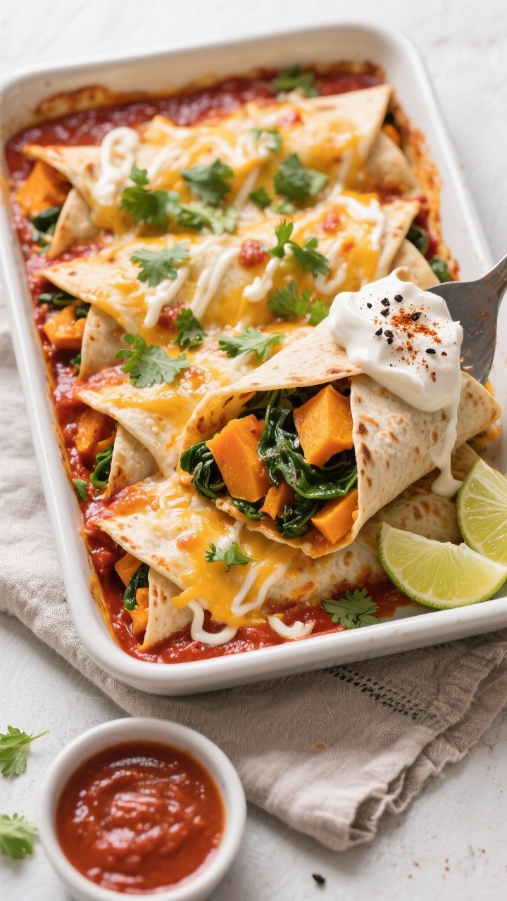 Final dish, tasty top view: Overhead shot of a 9x13 baking dish of butternut squash and spinach ench