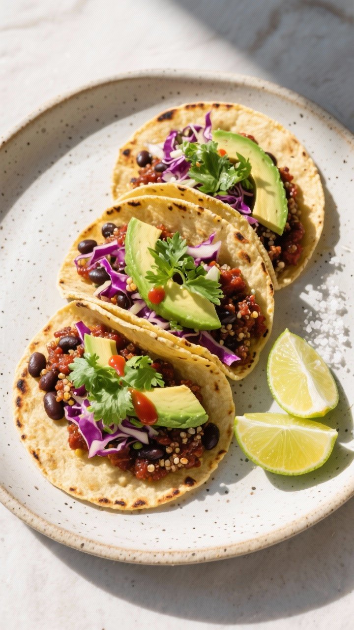 Final dish, tasty top view: Overhead shot of assembled Spicy Black Bean & Quinoa Power Tacos—three