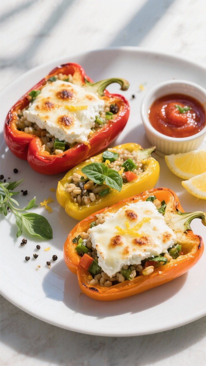 Final dish, tasty top view: Overhead shot of baked cottage cheese veggie stuffed bell peppers—halv