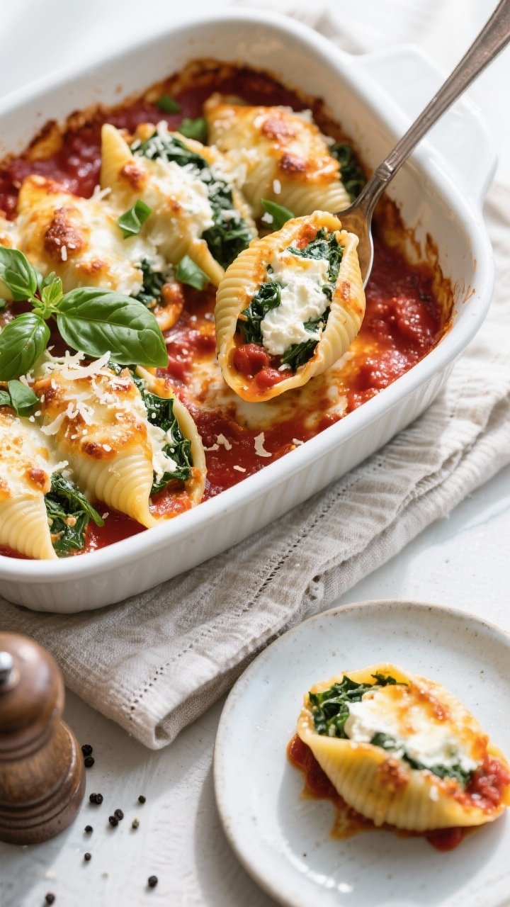 Final dish, tasty top view: Overhead shot of baked spinach and ricotta stuffed shells in a white cer