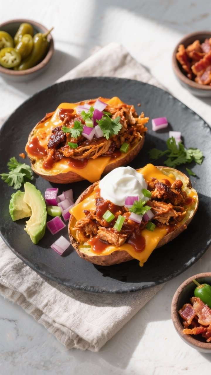 Final dish, tasty top view: Overhead shot of BBQ Chicken Stuffed Sweet Potatoes plated on a matte ch