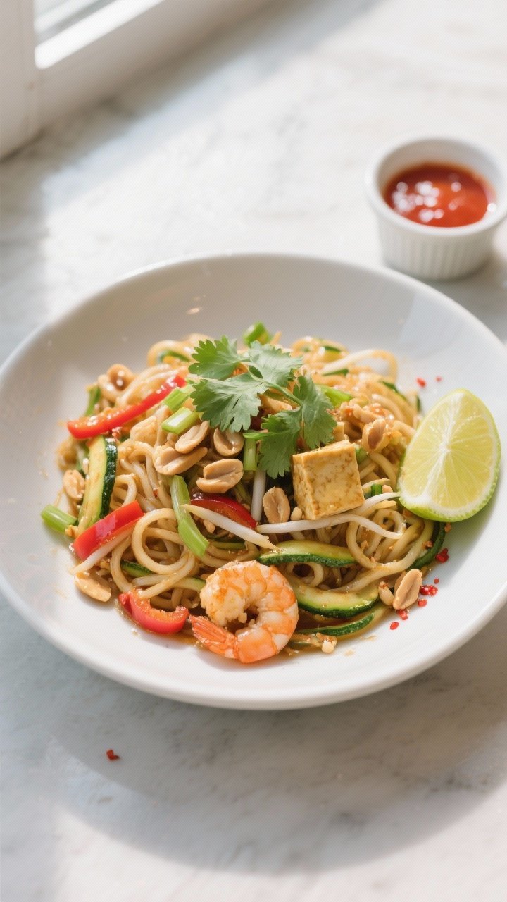 Final dish, tasty top view: Overhead shot of beautifully plated Zucchini Noodle Pad Thai in a shallo