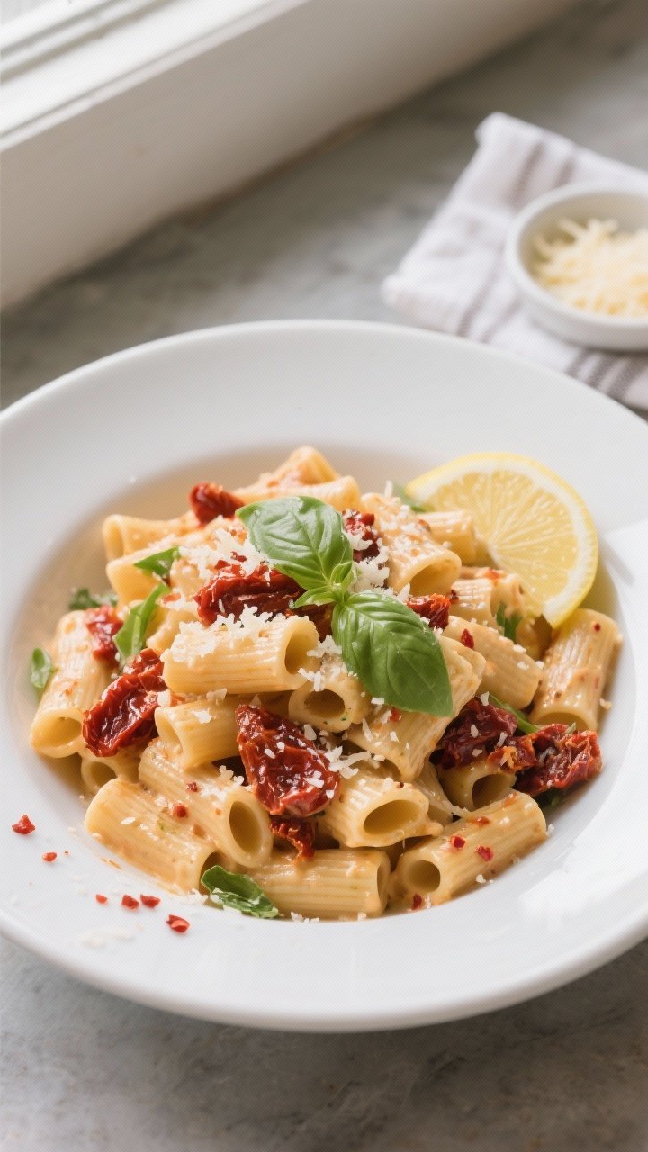 Final dish, tasty top view: Overhead shot of creamy sun-dried tomato pasta (rigatoni) twirled and pi