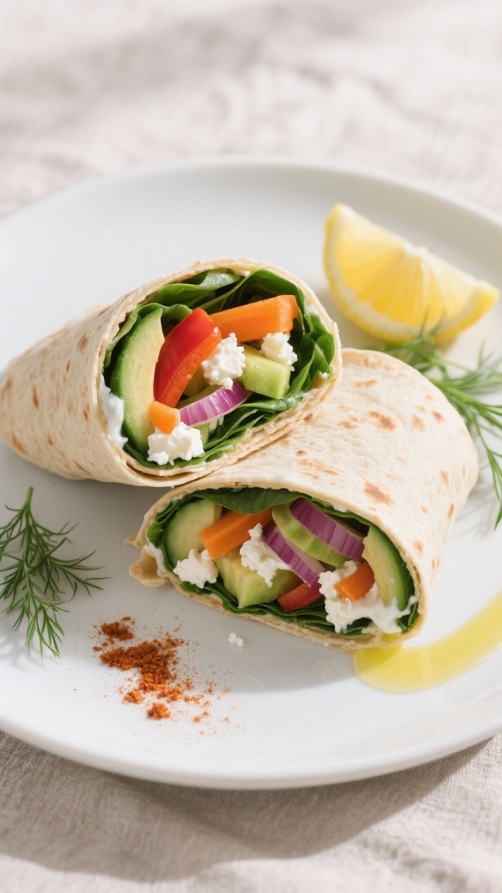 Final dish, tasty top view: Overhead shot of two Protein-Rich Greek Yogurt Veggie Wrap halves sliced