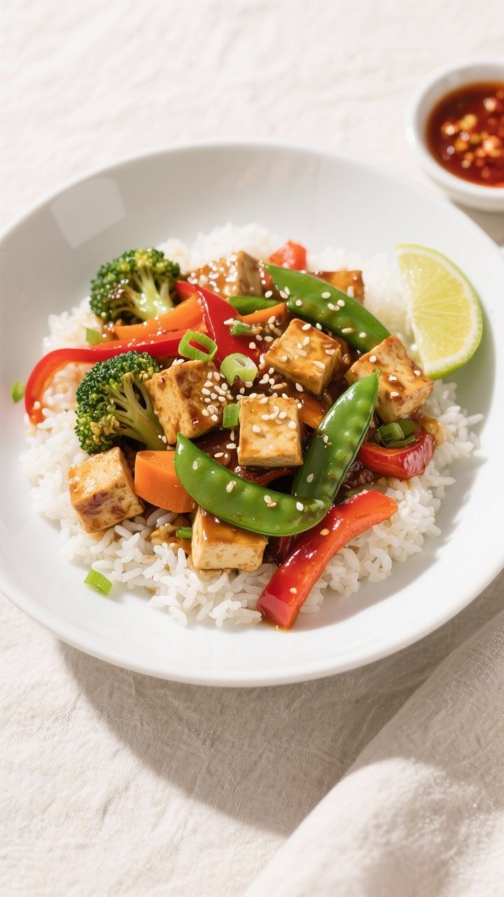 Final dish, tasty top view: Overhead shot of Vegetable Stir-Fry with Garlic Tofu served over steamed
